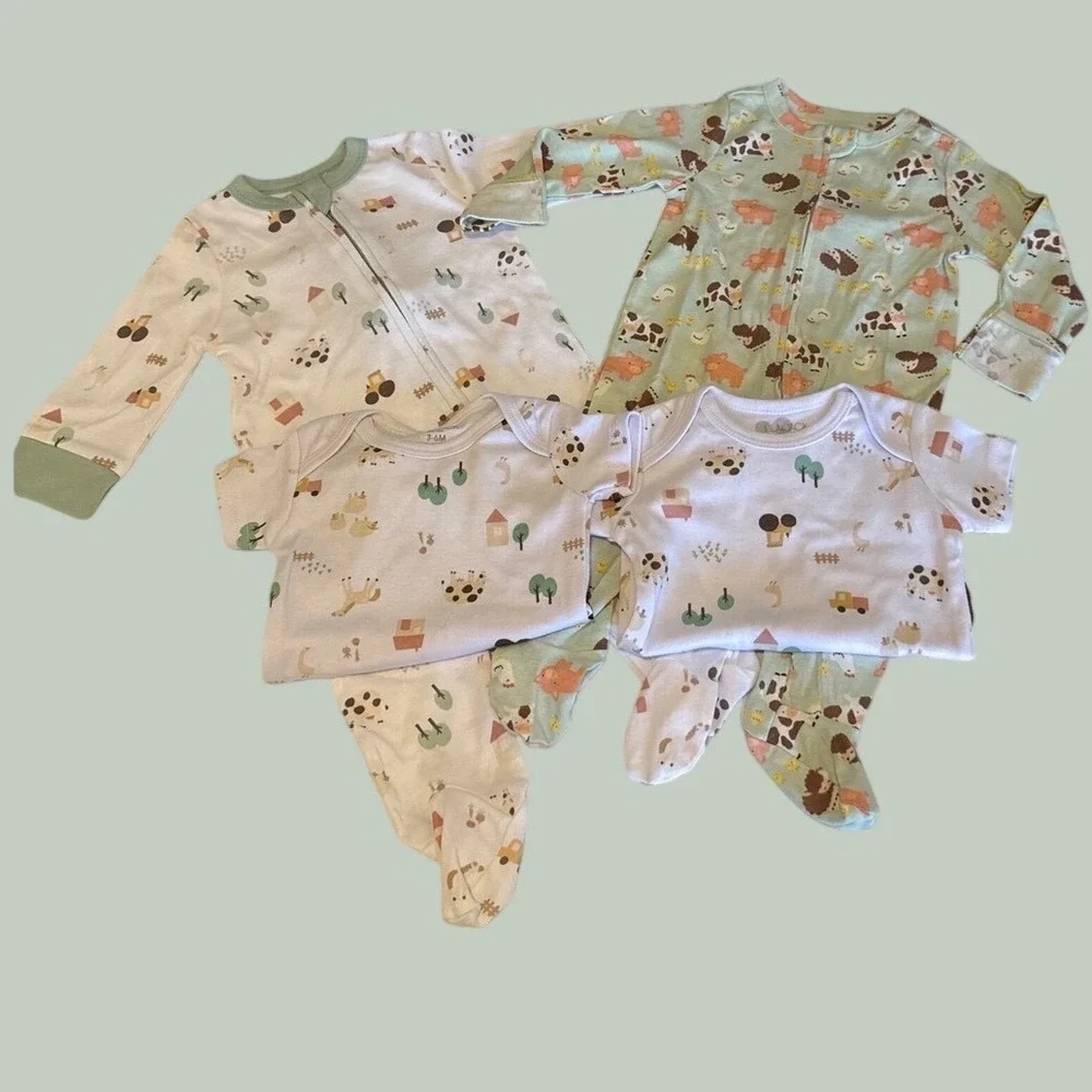 Old Navy Lila & Jack 4pc Baby Farm Animal Sleeper‎ & Bodysuit Set 3-6M Green New